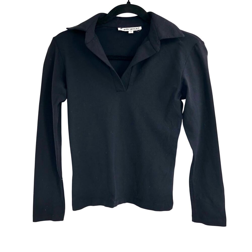 Collezione Black Collared Blouse Split Neck 100% Cotton Made in USA Stretch S